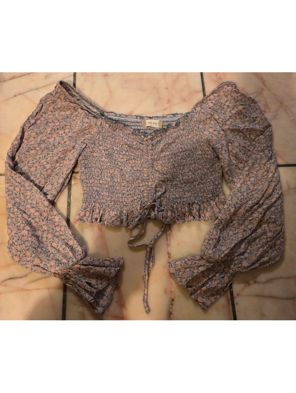 Altar'd State Cottagecore Floral Smocked Long Sleeve Crop Top Bust Tie